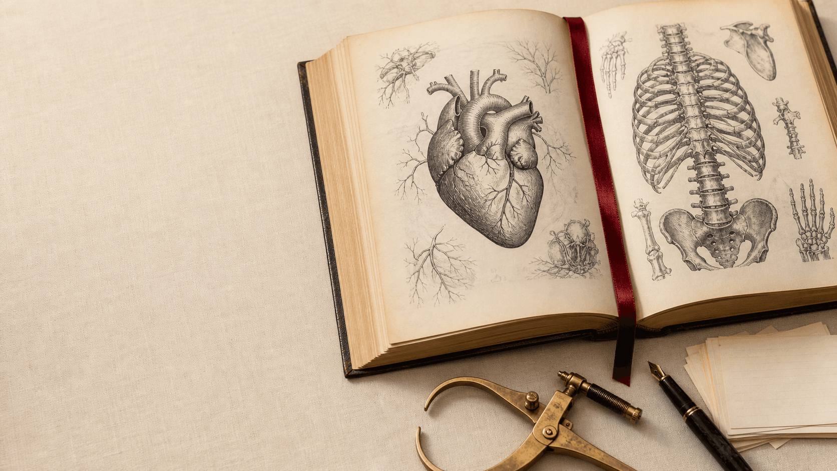 An open heirloom anatomy atlas with engraved plates, brass calipers and a fountain pen on an ivory desk